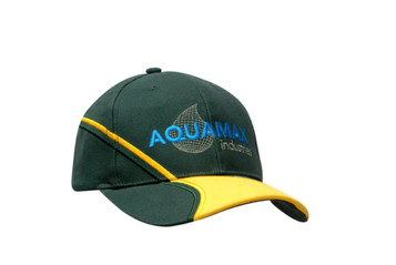 A green and yellow cap featuring peak embroidery and a logo. A green and yellow cap featuring peak embroidery and a logo.