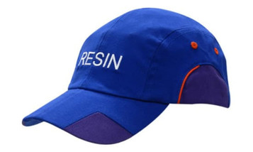A blue cap featuring fabric inserts and piping in purple, with a logo on the front.