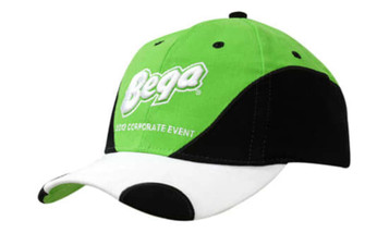 A cap with a black, green, and white colour scheme, featuring a logo on the front.