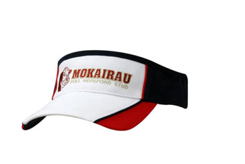 A tri-colour visor featuring black, white, and red panels, complete with a logo on the front.