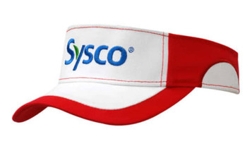 A red and white brushed heavy cotton visor with a peak indent and a logo on the front.
