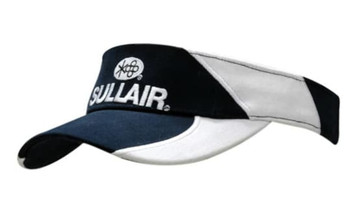 A navy and white brushed cotton visor featuring an embroidered logo on the crown and peak.