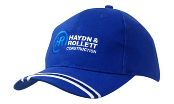 A blue cap featuring an embroidered logo on the peak and white stripes on the brim.