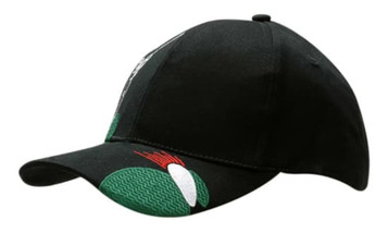 A black cap featuring a golf design on the crown and peak. It includes a logo or branding.