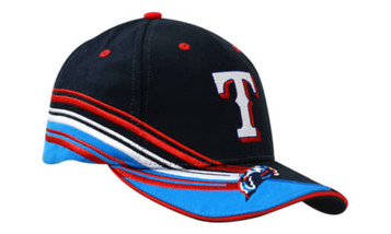 A navy cap featuring red and blue stripes with a peak and a logo on the front.