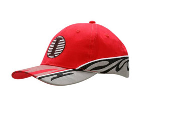 A red cap featuring a design on the peak, with inserts and embroidery on the crown. It includes a logo. A red cap featuring a design on the peak, with inserts and embroidery on the crown. It includes a logo.