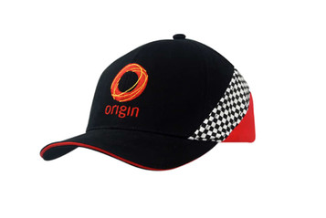 A black and red cap featuring a checkered trim and an embroidered logo on the front. A black and red cap featuring a checkered trim and an embroidered logo on the front.