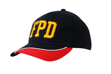 A black cap with yellow embroidery, featuring a red peak with white piping and a logo. A black cap with yellow embroidery, featuring a red peak with white piping and a logo.