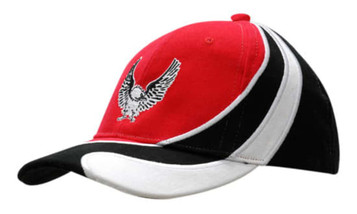 A red, black, and white cap with an embroidered logo on the crown and peak, featuring a stylish design.
