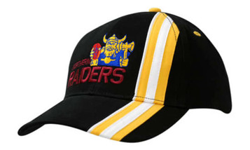 A black cap featuring stripes and piping in yellow, with an embroidered logo and the word "RAIDERS."