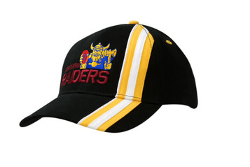Black cap featuring a coloured logo and yellow stripes on the crown and peak. Includes a branded logo. Black cap featuring a coloured logo and yellow stripes on the crown and peak. Includes a branded logo.