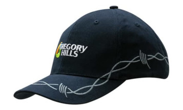 A navy cap with chain embroidery along the crown and peak, featuring a logo on the front.