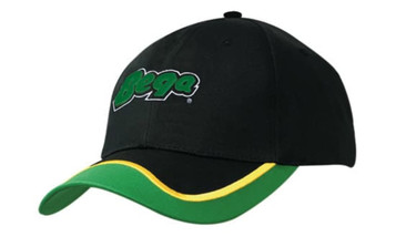 A black cap with a fabric insert, featuring green and yellow accents and an embroidered logo on the peak.