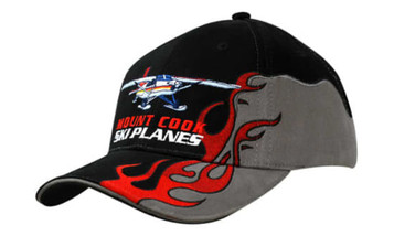 A black and grey cap featuring flame embroidery on the peak and a plane design, along with a logo.