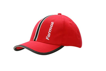 Red cap with black peak trim and stripe, featuring logo on the side, made from brushed heavy cotton. Red cap with black peak trim and stripe, featuring logo on the side, made from brushed heavy cotton.