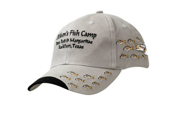 A grey brushed heavy cotton cap with a peak indent, featuring embroidered fish designs and a logo.