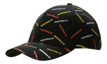 A black cap with an all-over print featuring the word "Australia" in red, yellow, and white. It has a logo on it.