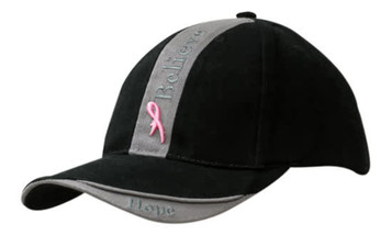 A black cap with a grey crown insert, peak indent, and a small logo. Features a pink ribbon design.