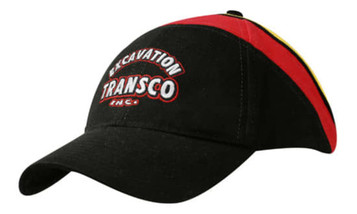 A black cap featuring red and yellow accents, with a logo on the front.