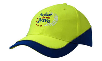 A bright yellow cap with a blue peak and a logo on the front. Features reflective piping on the crown and peak.