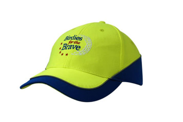A bright yellow cap with a blue peak and reflective piping, featuring a logo on the front. A bright yellow cap with a blue peak and reflective piping, featuring a logo on the front.