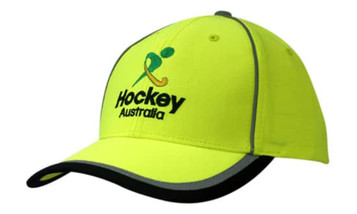 A bright yellow cap featuring reflective piping and a logo, designed for safety and visibility.