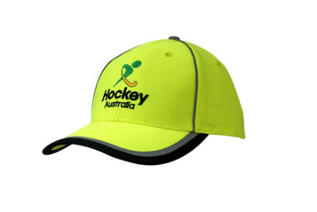A bright yellow cap with reflective piping and a logo on the front, featuring a curved peak. A bright yellow cap with reflective piping and a logo on the front, featuring a curved peak.