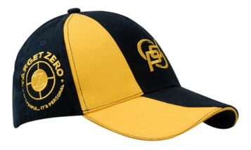 A navy and yellow cap featuring a logo, with a fabric insert on the crown and peak.