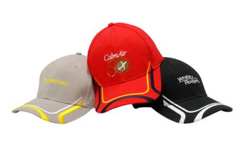 Three caps in grey, red, and black featuring embroidered designs and logos, with contrasting brim details.