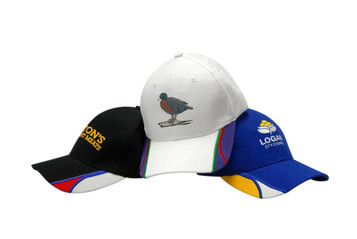 Three caps in different colours: white, black, and blue, featuring embroidery and a logo on each.