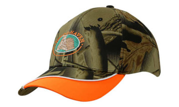 A camouflage cap in green with an orange peak and piping, featuring a logo on the front.