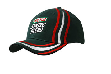 A dark green cap with sandwich trim and embroidered lines on the crown and peak, featuring a logo. A dark green cap with sandwich trim and embroidered lines on the crown and peak, featuring a logo.
