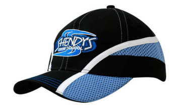 A black cap with mesh inserts, blue fabric stripes, and a logo on the front. Features a curved peak.