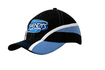 Brushed cotton cap in black and light blue with mesh inserts and fabric stripes, featuring a logo on the front. Brushed cotton cap in black and light blue with mesh inserts and fabric stripes, featuring a logo on the front.