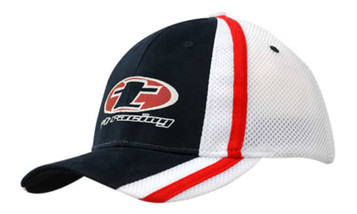 A cap featuring a navy blue and white design with red stripes, mesh back, and a logo on the front.