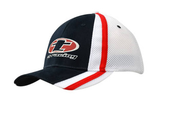 A black and white cap featuring a mesh back and red stripes on the crown and peak, with a logo on the front. A black and white cap featuring a mesh back and red stripes on the crown and peak, with a logo on the front.