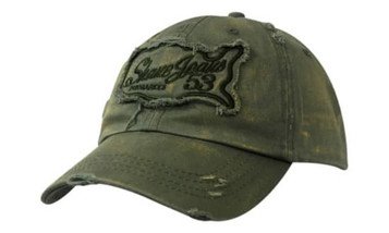 A distressed green cap with a logo on the front and marked details on the crown and peak.