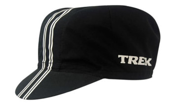 A black microfibre cycling cap with white stripes and a logo. Features a curved peak for sun protection.