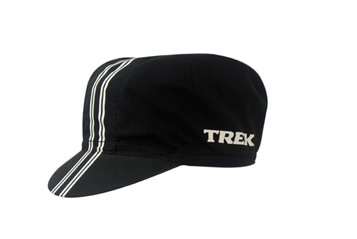 A black microfibre cycling cap with white stripes and a branding logo on the side. A black microfibre cycling cap with white stripes and a branding logo on the side.