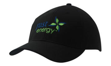 A black cap featuring a logo in green and blue colours, designed with a curved brim and a snug fit.