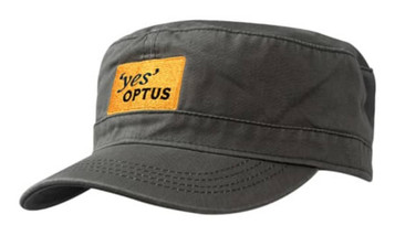 A grey military cap with a wide brim and an orange patch featuring a logo.