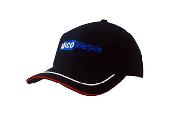 A black brushed heavy cotton cap featuring sandwich trim and piping on the peak, with a logo on the front. A black brushed heavy cotton cap featuring sandwich trim and piping on the peak, with a logo on the front.