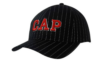 A black cotton cap with a pinstripe design and filter mesh lining, featuring a bold red logo.