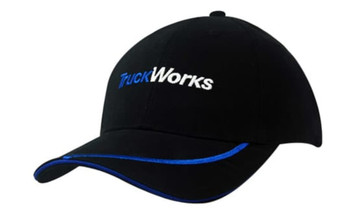 A black cap with a sandwich trim and peak, featuring blue accents and an embroidered logo.