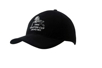 A black cap with a peak, featuring a logo and embroidered text on the front. A black cap with a peak, featuring a logo and embroidered text on the front.