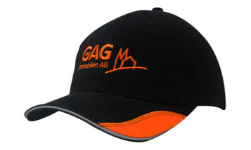 A black cap with a reflective orange sandwich peak insert and an embroidered logo.