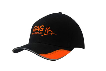 A black cap with an orange reflective peak insert and embroidered logo. Features a stylish design suitable for promotional use. A black cap with an orange reflective peak insert and embroidered logo. Features a stylish design suitable for promotional use.