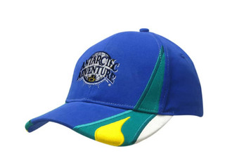 A blue cap with a curved peak, featuring green and yellow accents and a logo on the front.