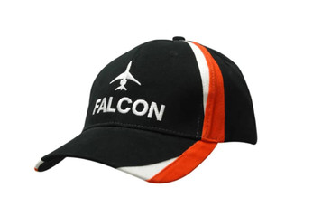 A black and orange cap with fabric inserts on the crown and peak, featuring an embroidered logo. A black and orange cap with fabric inserts on the crown and peak, featuring an embroidered logo.