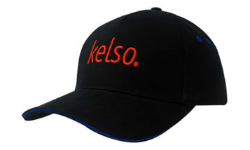 A black cap with a red logo and blue trim along the peak. It features a structured design.